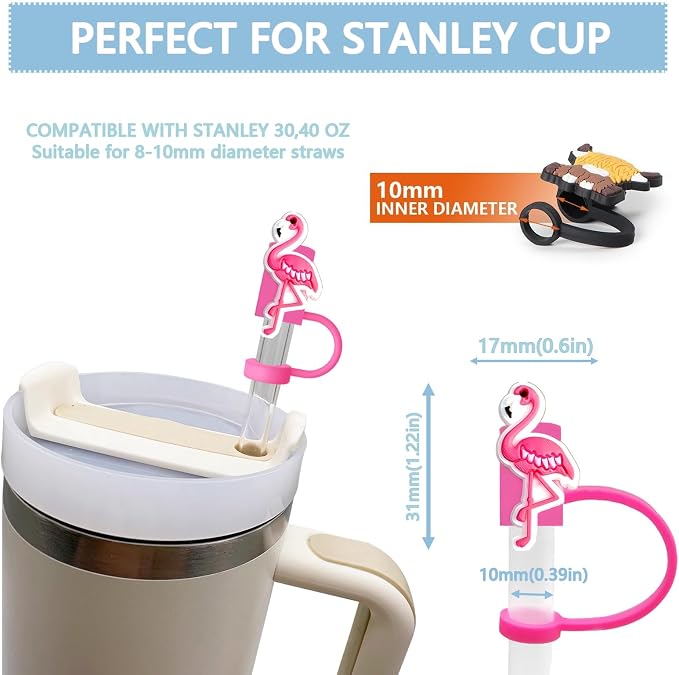 Animal Straw Toppers For Stanley Cups;Straw Covers Cap Toppers Compatible With Stanley 30&40 Oz Tumbler, Reusable & Silicone Tumbler Straws Topper For 0.4 Inch Tips Animal Lover Gifts (Flamingo)