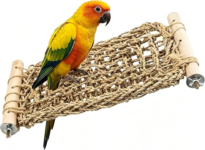 SNBBGTLadder Perch for Cage,Bird Water Grass Net Hammock Toy,Natural Hand-Woven Parrot Net Climbing Chewing Hammock,Suitable for Various Parrots，Natural. ﻿