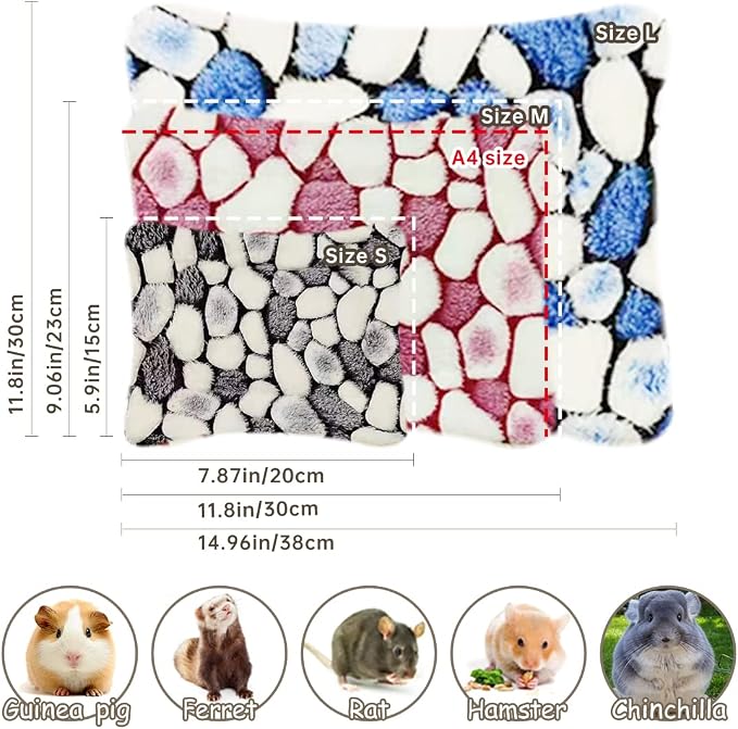 EAEDMY 4 Pieces Guinea Pig Bunny Comfortable Bed Mats Pads, Rabbit Warm Soft Bed, Hamster Bedding Pad Mats for Small Animals Chinchilla Hedgehog Baby Cats (11.8"x9.1", 2.Cobblestones Pattern)