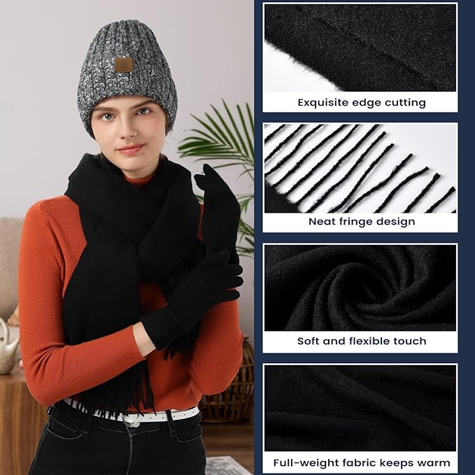 Women Winter Hat Beanie+Long Scarf+Touch Screen Gloves Set, Warm Clothes Set with Knit Fleece Lined for Women/Men Winter