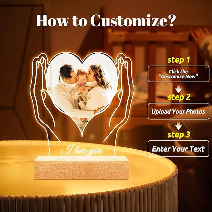 Custom Picture Frames with Photo, Customized Photo Frame with Night Light, Personalized Picture Frame, Customized Christmas Birthday Gifts for Women Men Mom Dad Baby Kids Grandma Grandpa Family