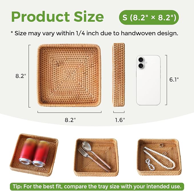 Rattan Serving Tray, Square Woven Storage Basket, Wicker Baskets for Organizing, Natural Wicker Decorative Serving Baskets for Organizing Tabletop Bathroom Kitchen Counter Square
