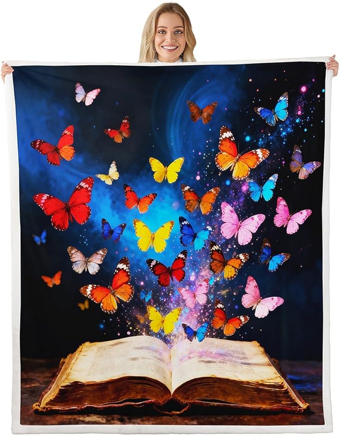 Feelyou Colorful Butterfly Fleece Throw Blanket 40"x50" Kids Library Book Sherpa Blanket Plush Fuzzy for Bed Couch Chair Living Room, Reading Bed Blanket Butterfly Emerging from Book Room Decor
