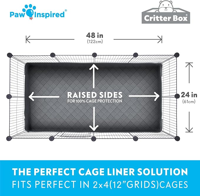 Paw Inspired Reversible Critter Box, C&C 2x4 (12-Inch Grids), Gray/Green | Washable Fleece Cage Liner, Raised Sides, Bedding for Guinea Pigs Rabbits, Hamsters, Small Animals, Edge Protected Pee Pads
