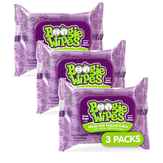 Saline Nose Wipes by Boogie, for Baby & Kids, Face, Hand & Body, Made with Vitamin E, Aloe, and Natural Saline, Grape Scent, 30 Count (Pack of 3)