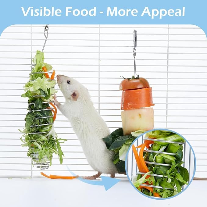 2Pcs Rat Enrichment Toys, 304 Stainless Steel Holder for Fruit Veggie | Fancy Mice Cage Puzzle Toy, Hanging Rodent Slow Feeder to Keep Pets Healthy, Bird Foraging Toy for Parakeet, Dishwasher Safe