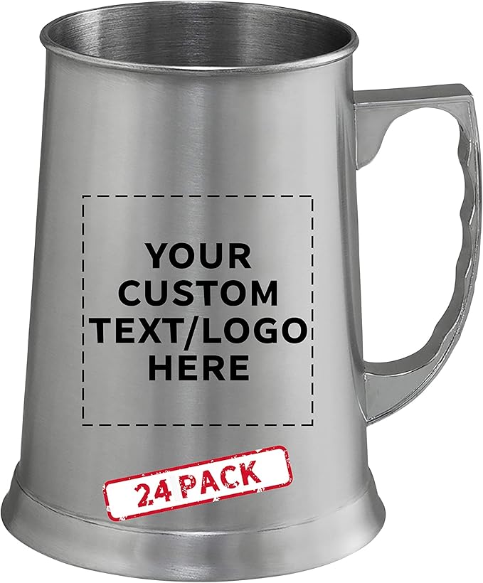 Custom Stainless Steel Beer Stein Mug 13.5 oz. Set of 24, Personalized Bulk Pack - Great for Restaurant, Brewery, Pub - Silver