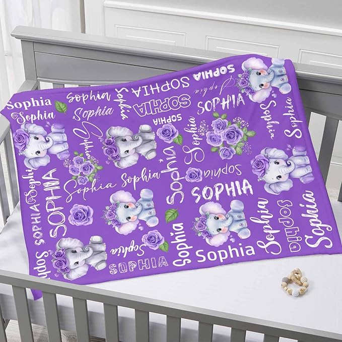 D-Story Ship Next Day, Personalized Baby Blanket, Custom Baby Blanket with Name for Girls and Boys, Elephant Blankets, Personalized Baby Gifts