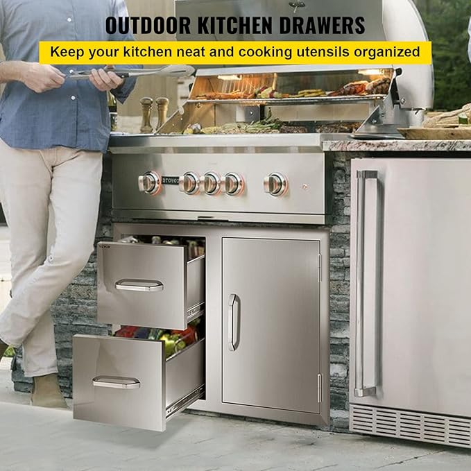 VEVOR Outdoor Kitchen Door Drawer Combo, 32.5" W x 21.6" H x 20.5" D, Access Door/Double Drawers with Paper Towel Rack, Stainless Steel Handles for BBQ Islands