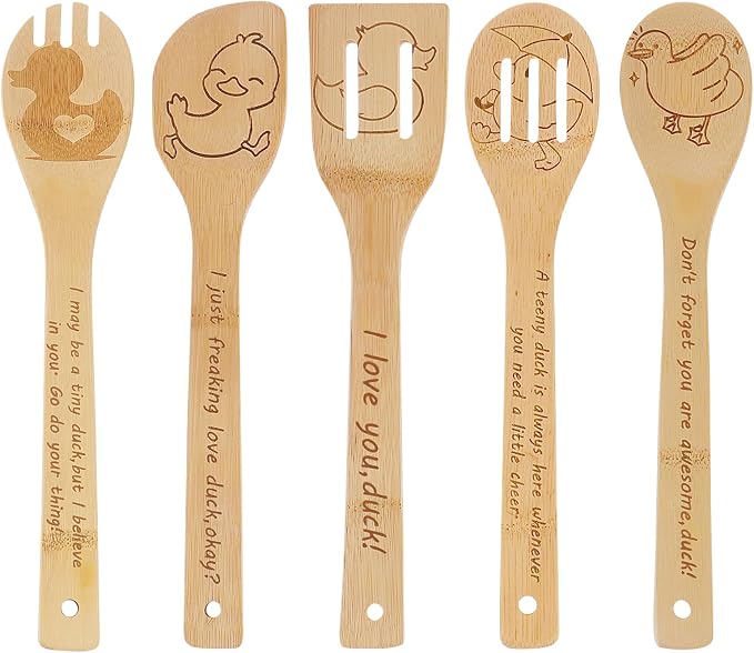 5PCS Duck Wooden Cooking Spoons Set Bamboo Cooking Spoons | Duck Kitchen Decor Housewarming Wedding Anniversary Thanksgiving Christmas for Mom Women Animal Lovers