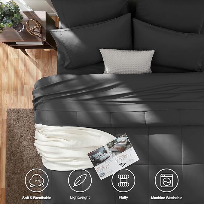 CozyLux King Size Comforter Set Dark Grey, 7 Pieces Bed in a Bag, Dark Grey Comforter King Size, All Season Bedding Sets with Stitch Quilted Comforter, Flat Sheet, Fitted Sheet, Pillowcases