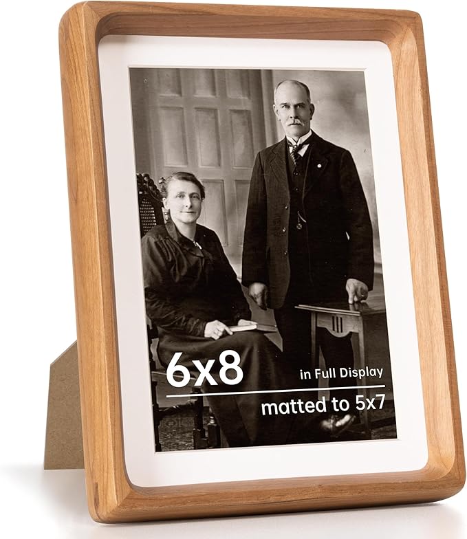 6x8 Picture Frame USA-Sourced Natural Cherry Wood Solid Original Wood Photo Frame Rounded Corner with Mat to 5x7 Picture Display with Real Glass Family Picture, Wedding Picture, Photo, Certificate