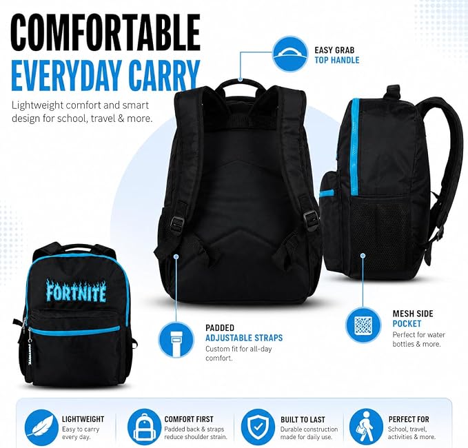Fortnite Backpack for Kids & Adults, 16” Bookbag with Fortnite Rubber Molded Flame Logo 3D Patch & Rubber Logo Dangle, Black