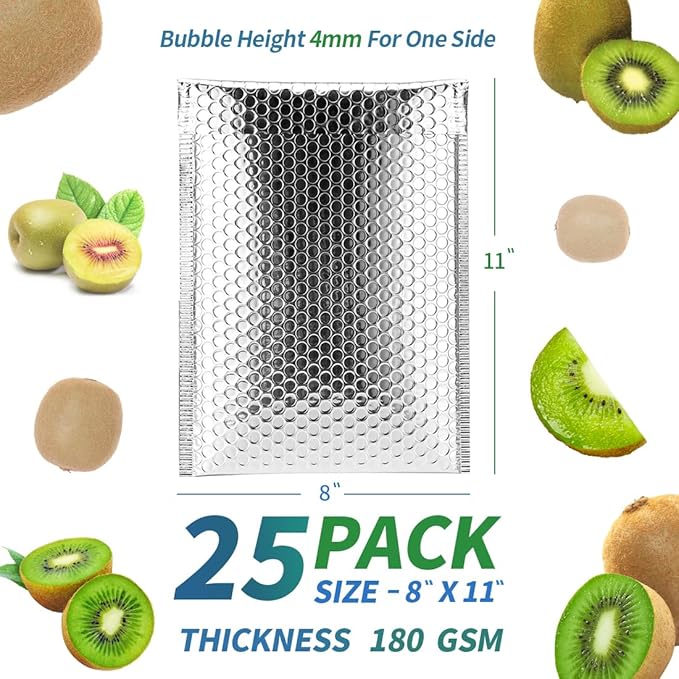 Thermal Bubble Mailer 8 x 11 Inch, Self Seal Cool Bubble Mailers 25 Pack,Insulated Bubble Mailers for Cold Shipping,Foil Mailing Envelopes,Silver Insulated Shipping Bags for Food,Cosmetics