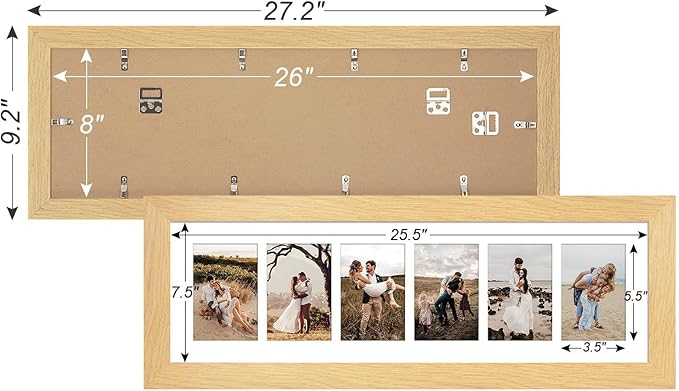 8x26 Picture Frame Display 6 opening 4X6 Picture Frame Collage,Multi Photo Frame with Mat,Plexiglass,Wall or Tabletop Decor,Natural Wood Grain