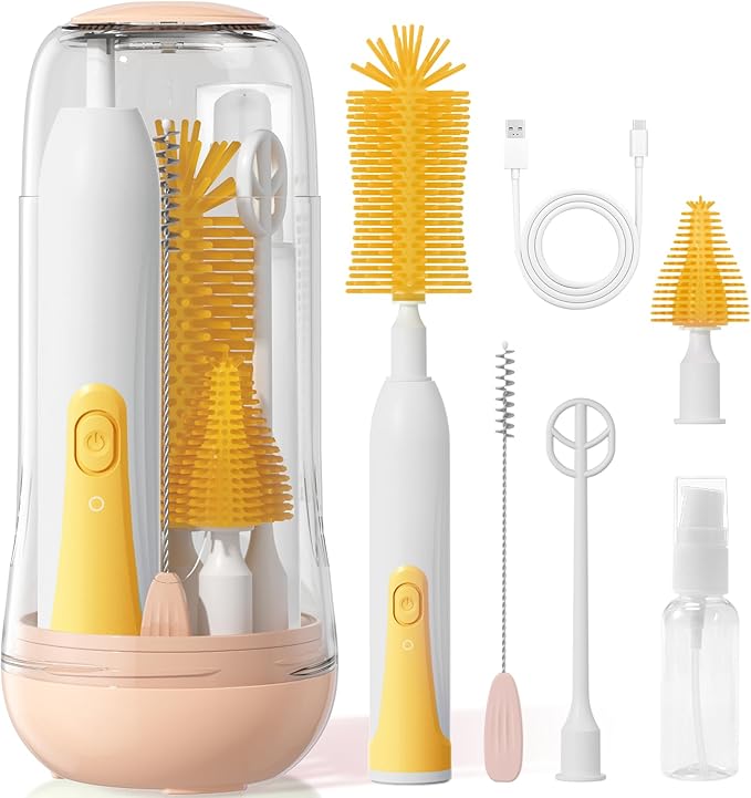 Electric Bottle Brush Cleaner, Baby Bottle Cleaning Set with Nipple Straw Brushes Drying Rack Soap Dispenser Rechargable Waterproof Multi-use E-Brush Kit for Travel & Home, Yellow
