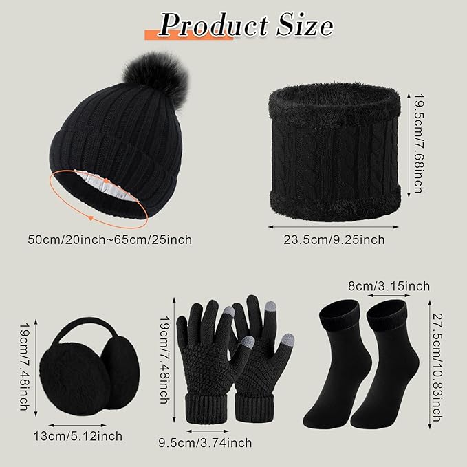 SATINIOR 5 Pcs Winter Satin Lined Hat Scarf Gloves Set Knit Pompom Beanie Warm Touchscreen Glove Earmuff Ear Warmer for Women