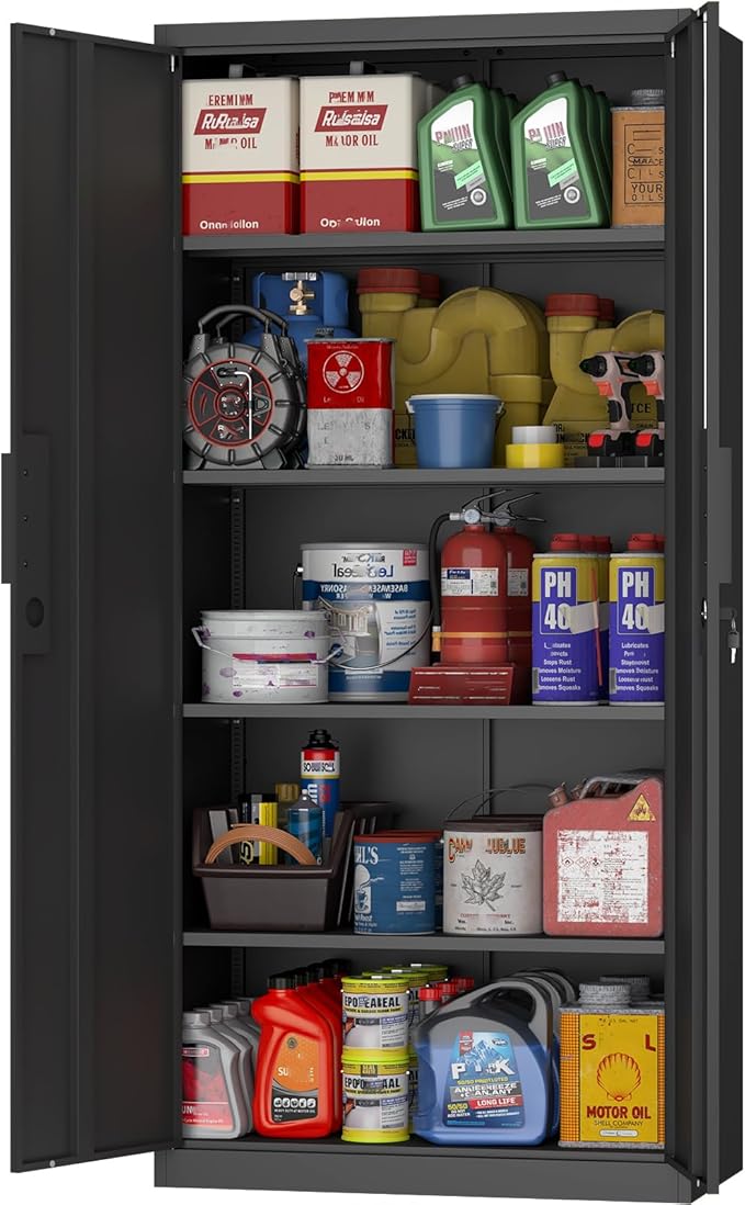 GREATMEET Metal Garage Storage Cabinets, 72" Tall Locking Cabinets with Doors and Shelves, Utility Cabinet with Lock for Garage, Home, Black