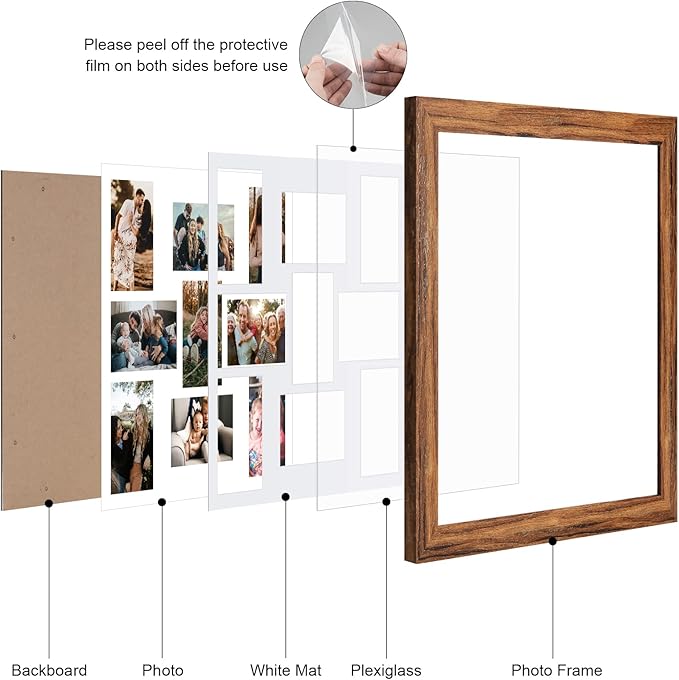 17x17 Picture Frame Display 9 opening 4X6 Picture Frame Collage,Multi Photo Frame with Mat,Plexiglass,Wall Mount Decor,Carbonized Brown Wood Grain