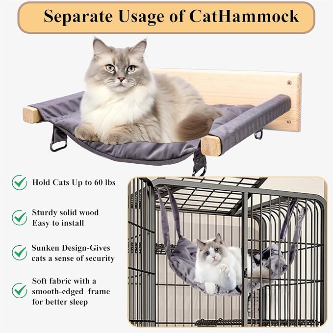 JSPYFITS Wooden Cat Furniture Wall Mounted, Double Layer Hammock, Large Size 18.9″ Removable Multi-Function Cat Bed for Sleep/Play/Climb, Kitten Window Perch, Easy DIY Installation(Grey)