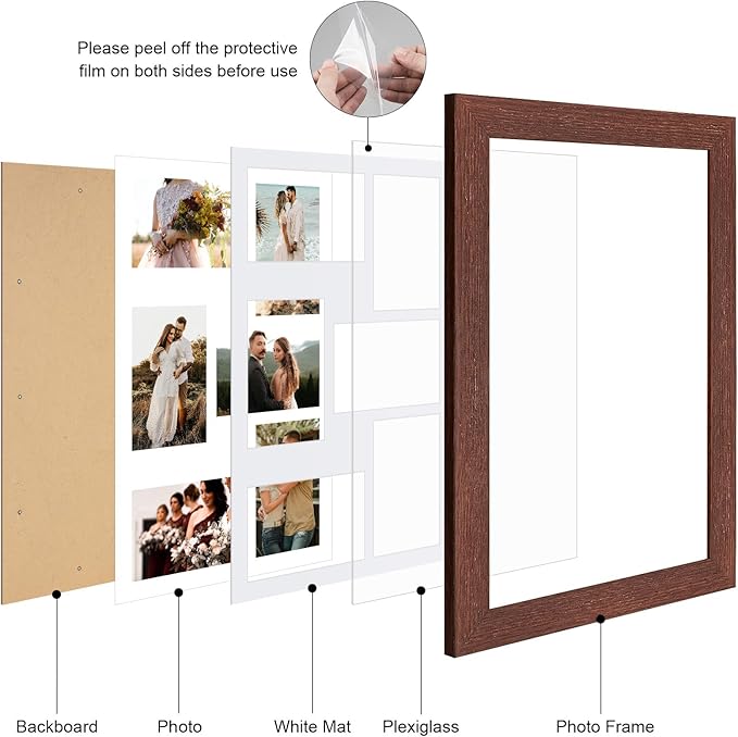 11x17 Picture Frame Display 6 picture frame collage 4x6,Multi Photo Frame with Mat,Plexiglass,Wall Mount Decor,Walnut Wood Grain