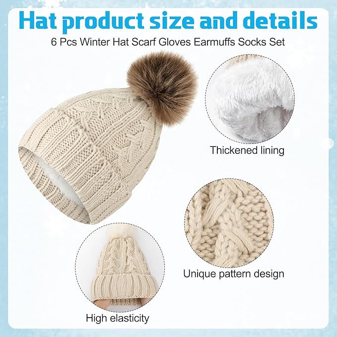 Geyoga 6 Pcs Winter Warm Set for Women Warm Beanies Hats Touchscreen Gloves Long Scarf Ear Muffs Socks Winter Gifts for Women