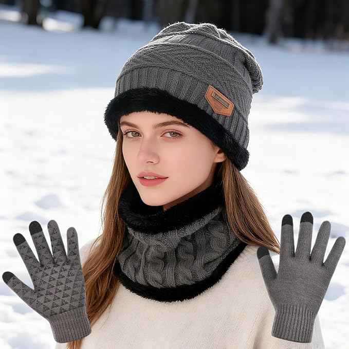 Winter Beanie Hat Scarf Glove Set for Women Snow Knit Thick Fleece Lined Ski Hat,Mens Warm Neck Warmer Touchscreen Mittens