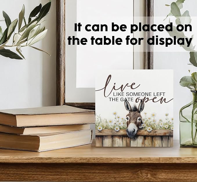 Donkey Signs - Farm Cottagecore Animal Office Kitchen Bedroom Decor,Rustic Farmhouse Live like Someone Left the Gate Open Home Decor Wooden Signs,Donkey Gifts for Women,8x8