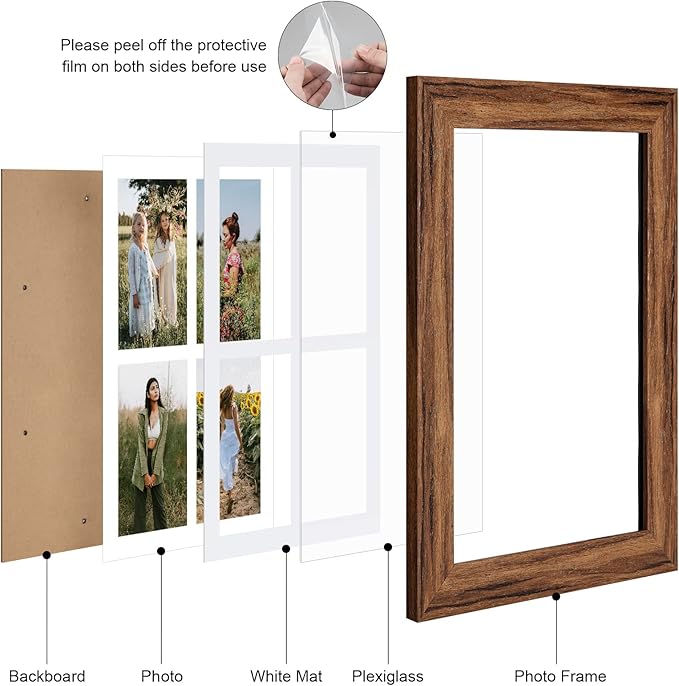 9x13 Picture Frame Display 4 opening 4X6 Picture Frame Collage,Multi Photo Frame with Mat,Plexiglass,Wall or Tabletop Decor,Carbonized Brown Wood Grain