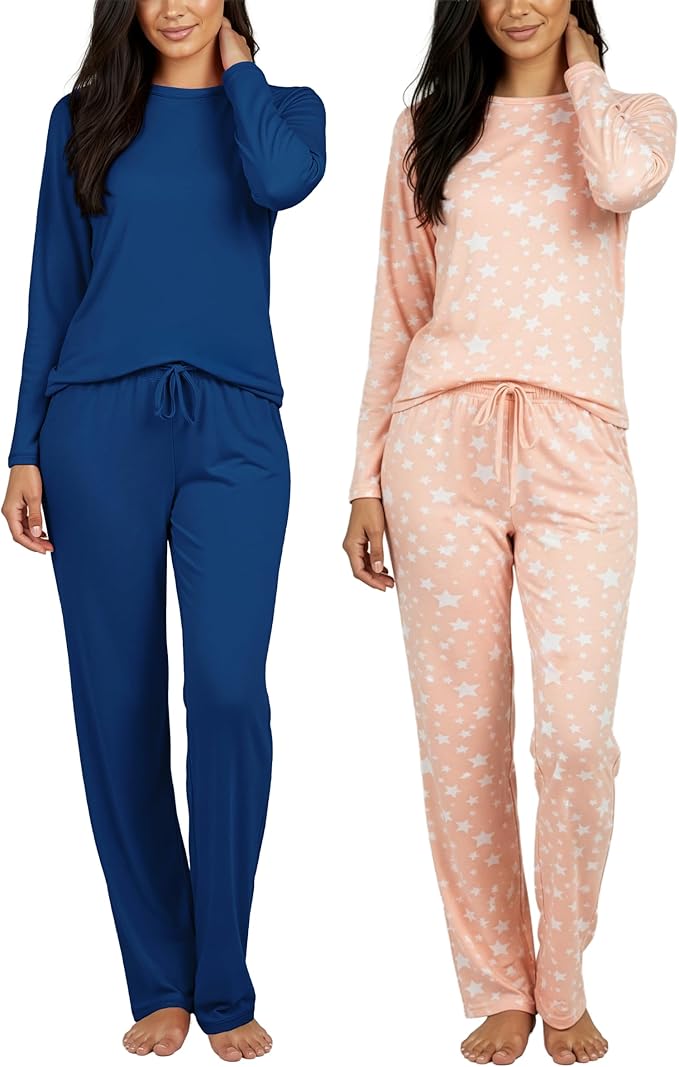 Real Essentials 2 Pack: Women's Comfy Pajama Sets - Short & Long Sleeve Ladies Loungewear Sleepwear PJs (Available In Plus)