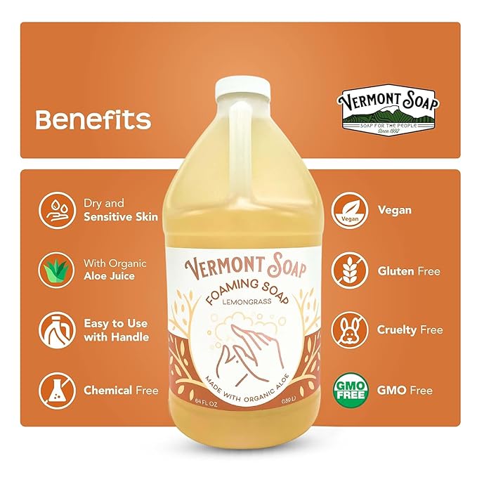 VERMONT SOAP Organic Lemongrass Zen Foaming Hand Soap - Natural Moisturizing Soap for Dry Skin - Fragrance Free Liquid Bathroom Hand Soap - Lemongrass Zen - 64 oz