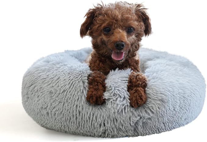 Tiny Dog Bed for Extra Small Dogs for Chihuahua Pomeranian Toy Poodle | 15 Inch Washable Puppy Bed,Soft Faux Fur Calming Donut Bed,Grey