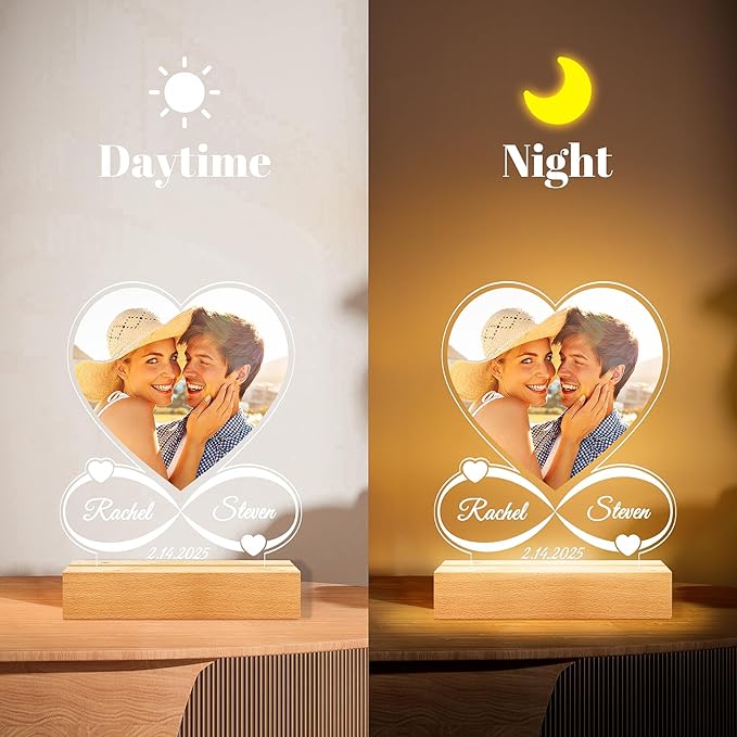 Custom Picture Frames with Photo, Custom Photo Frame with Night Light, Personalized Picture Frame, Personalized Christmas Anniversary Birthday Gifts for Women Men Him Her Girlfriend Boyfriend Couple