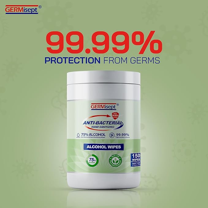 Germisept Hand Sanitizing Wipes - 75% Alcohol Wipes in Easy Dispensing Canisters - Durable Traction Cleaning - Enriched With Aloe (4 Canisters = 600 Wipes)