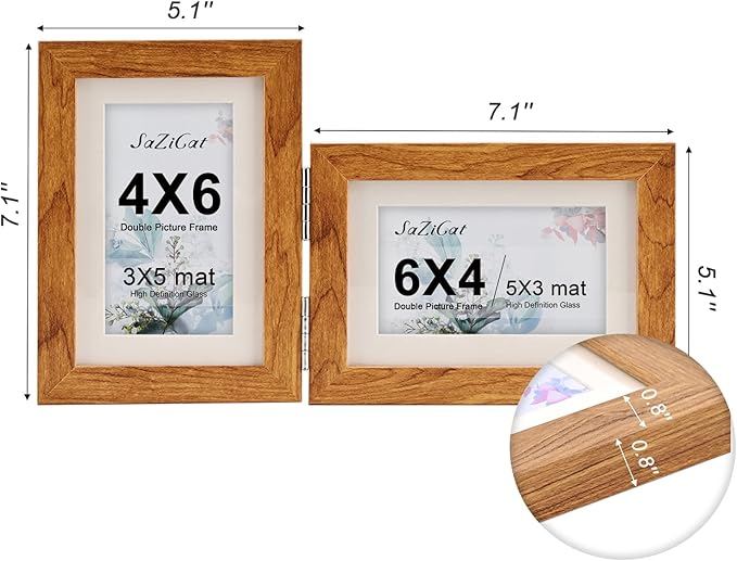 Double Hinged 4X6 Picture Frame with Real Glass-Tabletop or Wall Mounted, Display for 3X5 & 4X6 Photos (with/without Mat)-Rustic Brown, For Family Photos & Wedding Memories-Z4664