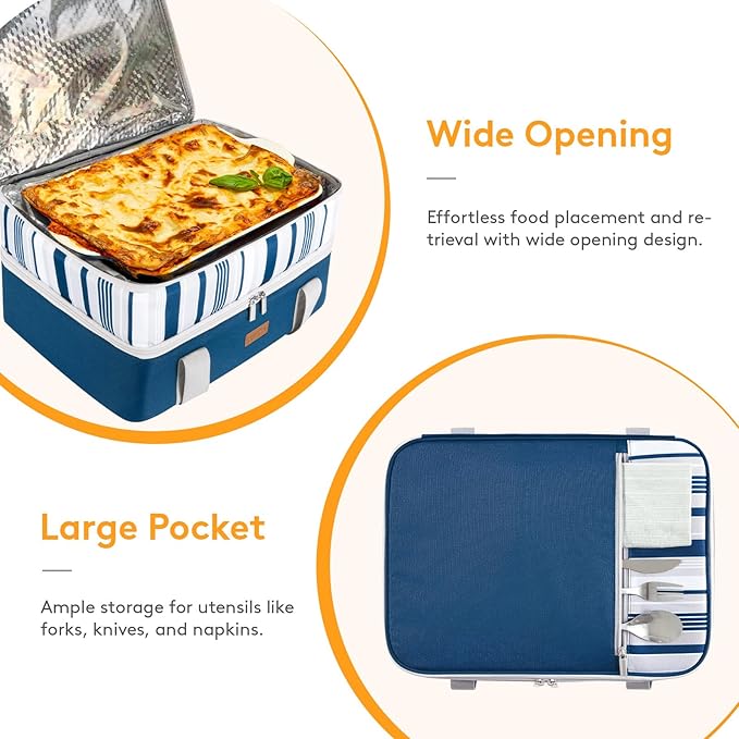 LUNCIA Insulated Double Decker Casserole Carrier, Lasagna Lugger Tote Keeps Food Hot or Cold, Thermal Lunch Bag for Potluck Parties, Picnic and Cookouts, Fits 9" x 13" Baking Dish, Blue