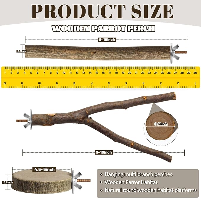 8 Pack 9 Inch Natural Wood Bird Perches for Cage, Wood Parrot Perch | Wooden Parrot Stand Platforms, Hardwood Branches, Climbing & Chew Toy for Bird Cage Accessories, Ideal for Parakeets, Budgies