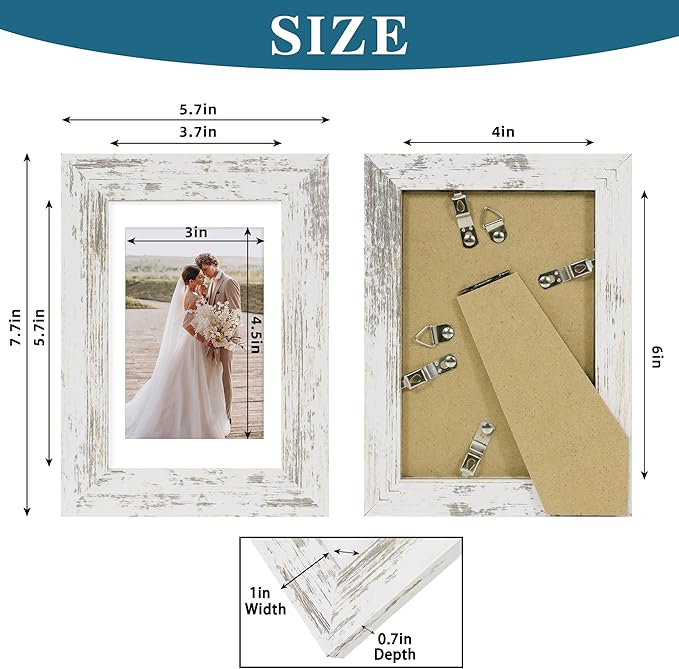 4x6 Picture Frame Set of 4, Made of Real Glass and Distressed White Wooden Frame, 4 by 6 Photo for Wall or Tabletop - Display Picture 3.5x5 with Mat or 4x6 Without Mat