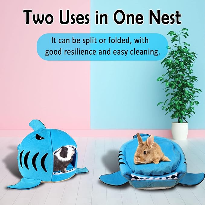 Guinea Pig Hideout Bed Warm Small Animals House Cave for Chinchilla | Winter Warm Sleeping Bed with Removable Washable Pad, Shark Cat Bed Nest for Ferret Hedgehog Rat Cage Accessories