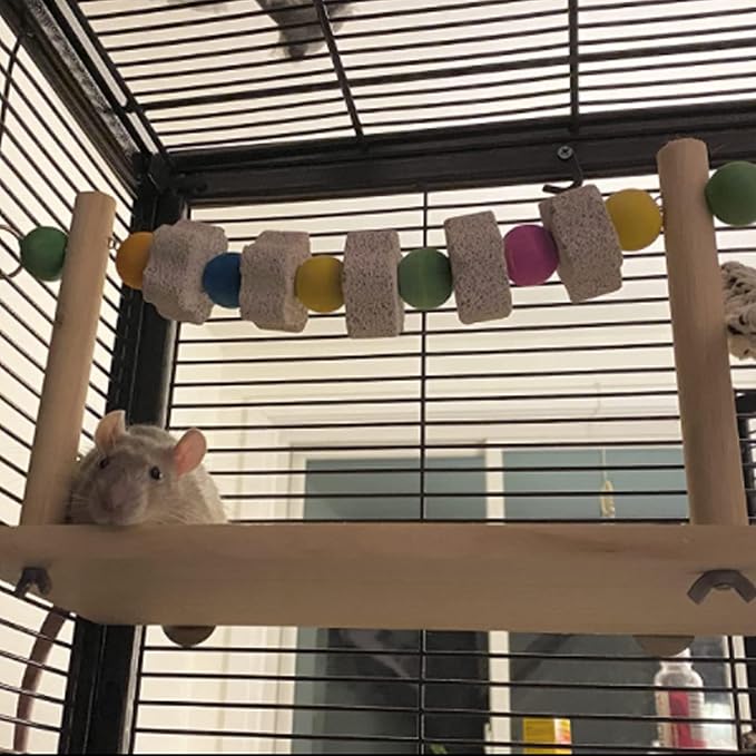 Hamster Wood Ledge Platform with Lava Stone Chew Block, Cage Rest Shelf Climbing Toy for Dwarf Hamsters, Sugar Gliders, Parakeets | Wooden Climb Rest Shelf,Teeth Grinding Toys for Rat Sugar Gliders,Nail Trimming Bird Perch Stand