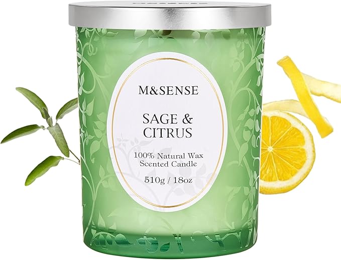 M&SENSE Sage Citrus Scented Candle, Cracking Wooden Wick Soy Wax, 18oz 100 Hours Long Lasting Clean Burn, Large Jar Candles for Home Decor, Non-Toxic Relaxing Fall Winter Aromatherapy Gifts for Women