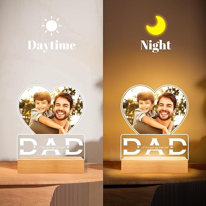 Personalized Dad Gifts for Dad from Daughter Son, Custom Picture Frames with Photo, Customized Photo Frame with Night Light, Personalized Christmas Birthday Gifts for Dad Baby Kid Family