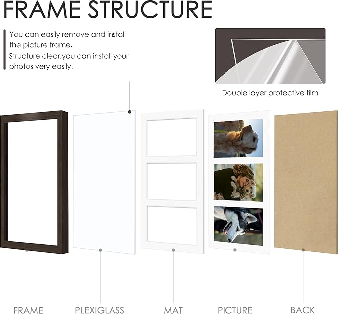 8x14 Collage Picture Frame 4x6 Collage Picture Frame Displays Three 4x6 inch Photos or 8x14 (Without Mat) for Available Horizontal Wall Mounting Display and Vertical Walnut