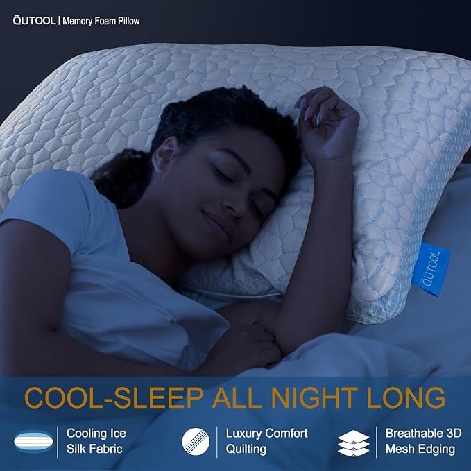 QUTOOL Enhanced Cooling Pillows for Sleeping, CertiPUR-US Shredded Memory Foam Pillows Queen Size Set of 1 for Hot Sleeper, Adjustable Bed Pillow for Side, Back, Stomach Sleepers Support Yet Soft Blue