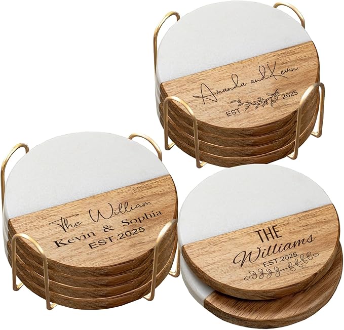 Set of 1 Personalized Coasters Wedding Gift for Couple Custom Custom Wood Bar Coasters for Drinks with Monogram Engraved Great Newlywed