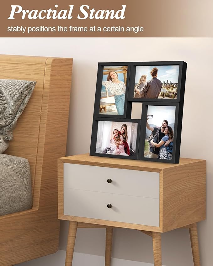 KAPIX 4x6 Picture Frames Collage, Collage Frame Wall Decor Display Four 4x6 Family Photos, Glass Front, Wall Hanging or Tabletop, Black