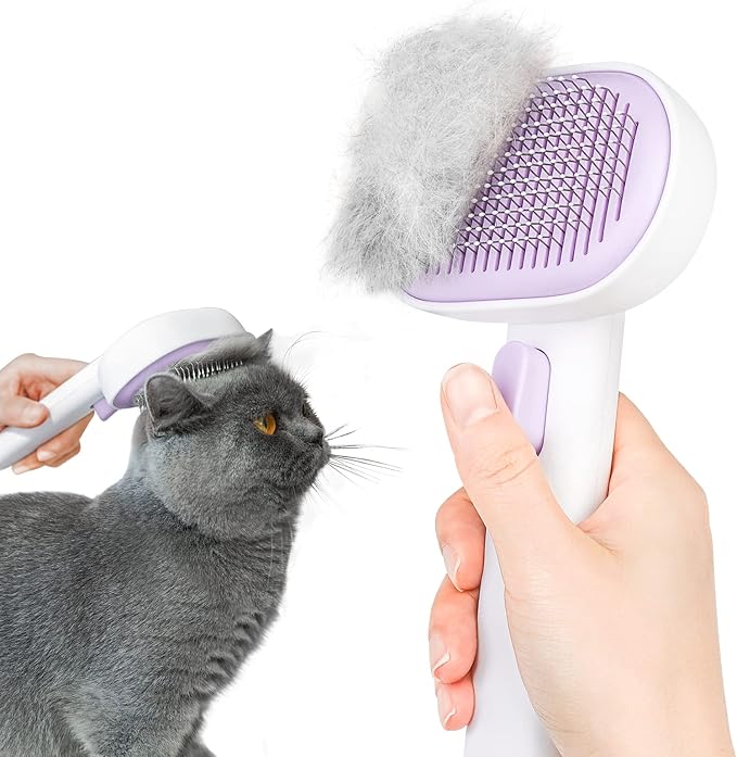 aumuca Cat and Dog Grooming Brush for Shedding, Removes Loose Fur from Long or Short Haired Pets - Ideal for Cats, Kittens, Rabbits, and More - Purple | Self Cleaning Pet Brush for Long or Semi-Short Haired Cats, Removing Loose Fur & Tangles and Massage
