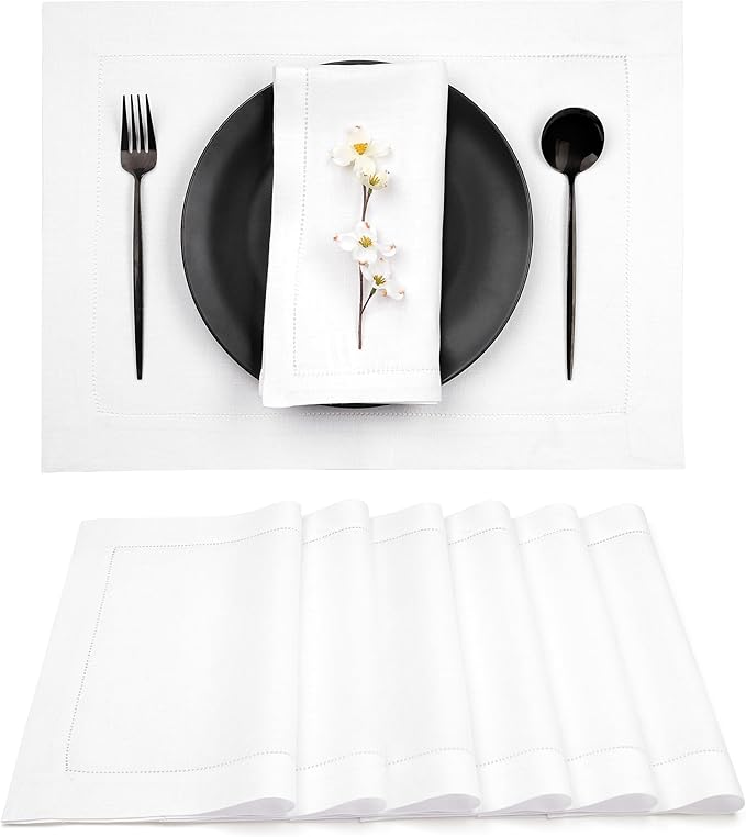 D'Moksha Homes White Linen Placemats Set of 6 - Classic Hemstitch Placemats 14 x 19 Inch - 100% Pure Linen Table Mats for Fall, Thanksgiving, Christmas, Holiday - Handcrafted and Machine Washable