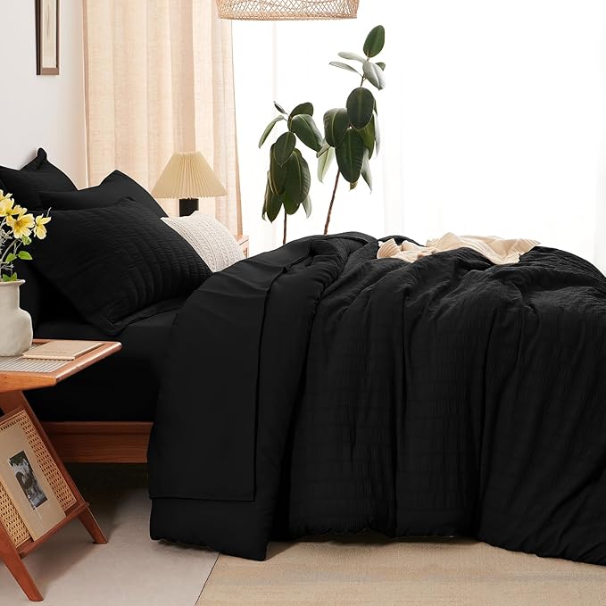 CozyLux California King Comforter Set with Sheets 7 Pieces, Black Seersucker Bed in a Bag Cal King Luxury Soft Bedding Sets with Down Alternative Comforter, Sheets, Pillowcases & Shams for All Season