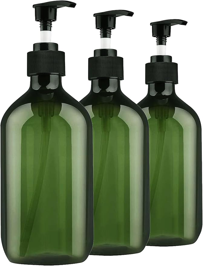 Empty Plastic Bottles with Pump Dispenser and 6pcs Labels Included, Refillable Travel Containers for Hand sanitizer Shampoo Lotion, etc - No BPA/Paraben, 500ml/16.9oz (3 Pack(Green))